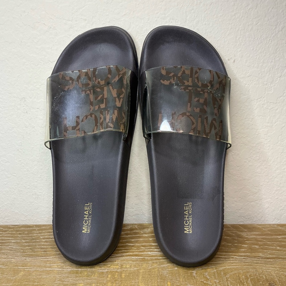 MICHAEL Michael Kors Gilmore Logo Print PVC Slide Sandal Womens  Size 9.5